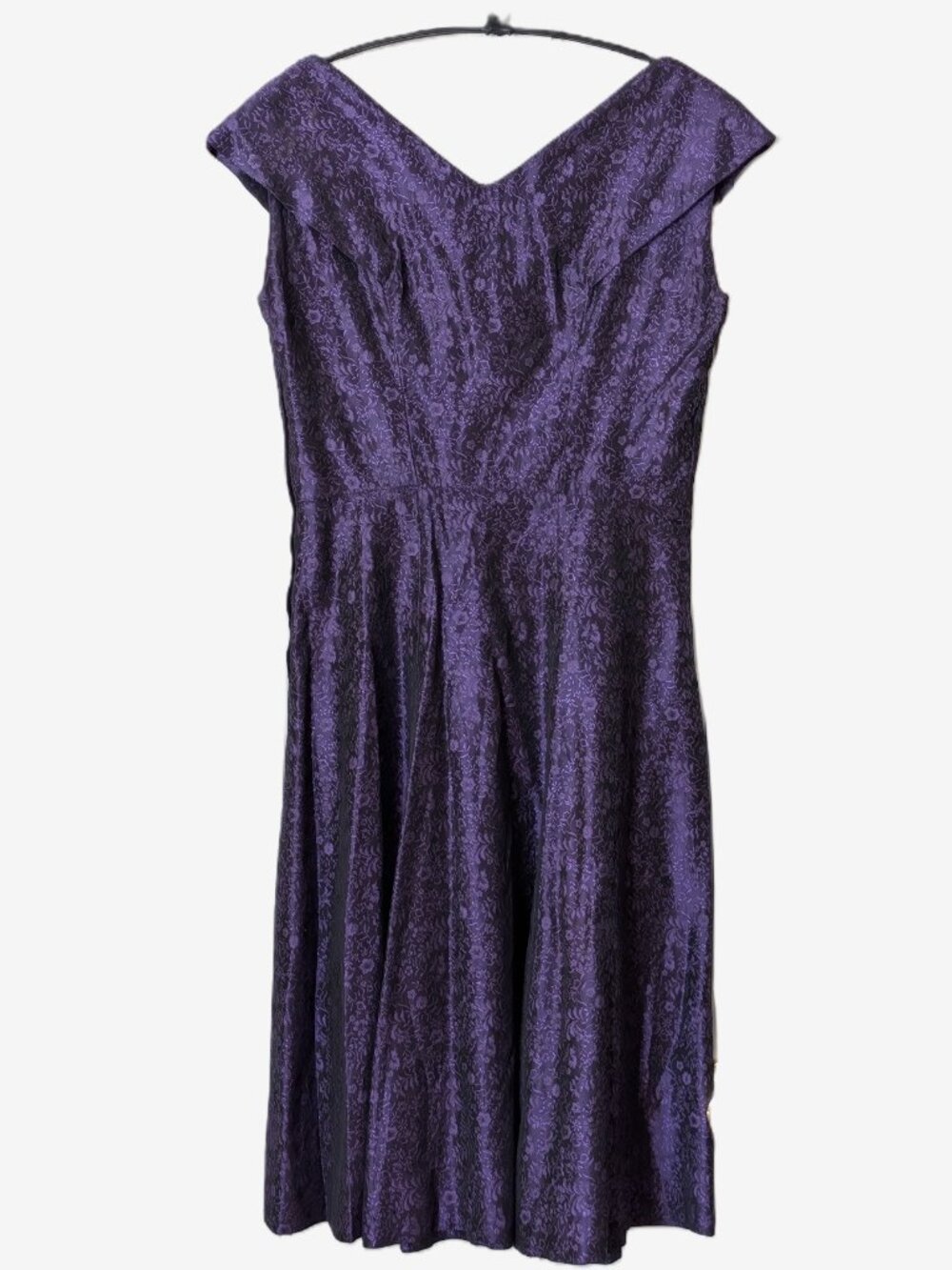 Purple Brocade Jacquard Portrait Collar Swing Cocktail Dress Vintage 1950s